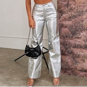 7 For All Mankind metallic silver liquid foil faux leather straight leg pants L